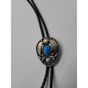 Western Bolo Tie Blue Stone Silver Tone Engraved Cowboy Leather Cord